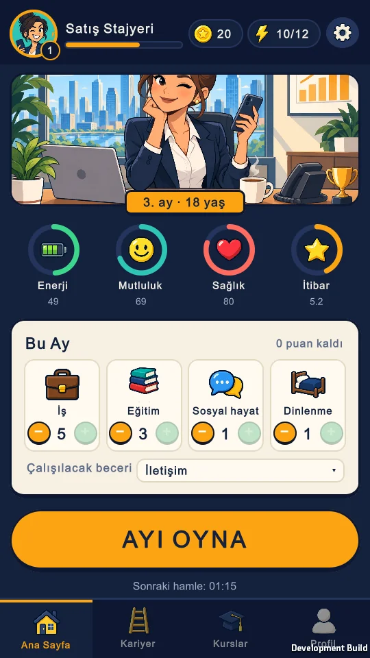Oyuncunun ofisini ve aylık planını gösteren Career Climb ana ekranı
