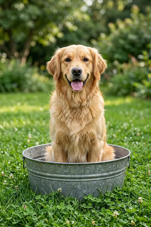 Yıkanmış, tüyleri kabarmış golden retriever