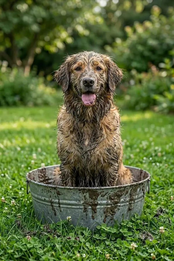 Çamura bulanmış golden retriever