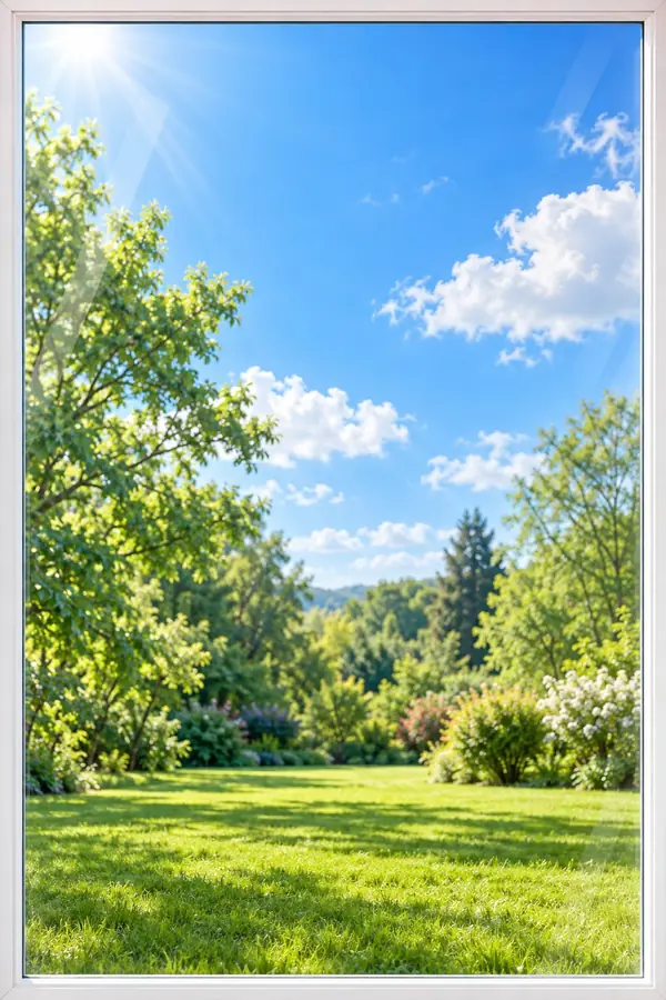 Silinmiş cam, ardında güneşli bahçe
