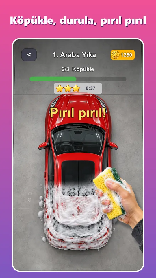 Köpüklü kırmızı araba: köpükle, durula, pırıl pırıl